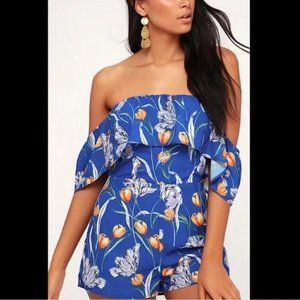 Lulu's Waimea Royal Blue Floral Print Off-the-Shoulder Romper